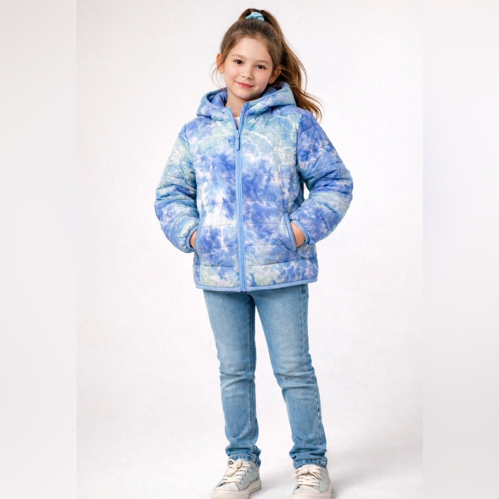 Alexa Rae Girls Blue Tie-Dye Puffer Jacket Hooded Winter Coat Size 8–10